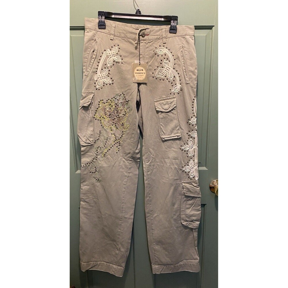 Mason's Women Rites EU Size 46 Green Embroidered Rhinestone Studded Cargo Pants